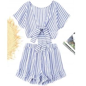 Womens Zaful Blue and White Stripe Crop Top and Shorts Set - Size S